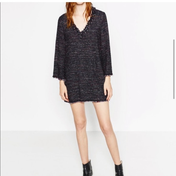 Zara Tweed Fringe Black Tunic Dress Small Bell Sleeves Deep V Neck Stich Colors - Picture 4 of 14